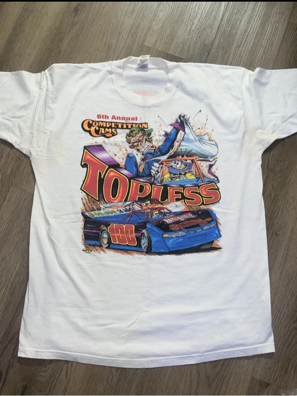 vintage Fruit of the Loom White Graphic Tee Racing Print (needs cleaning)